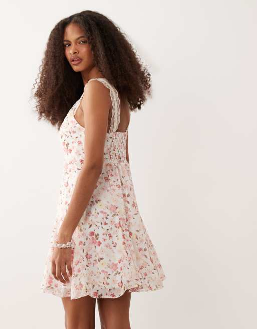 Abercrombie & Fitch - Robe courte bordée de dentelle à imprimé fleurs - Crème, 4 de 4