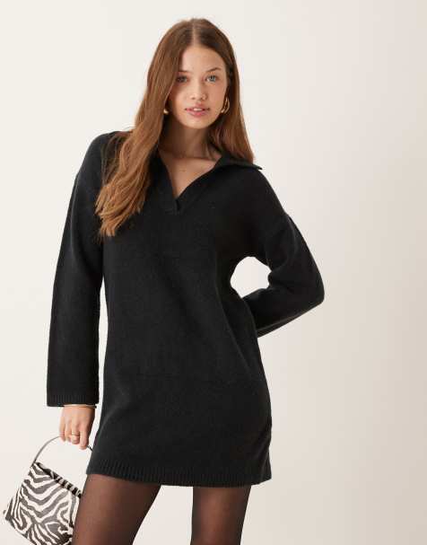 Abercrombie & Fitch - Robe en maille avec manches longues et col - Noir - view 1
