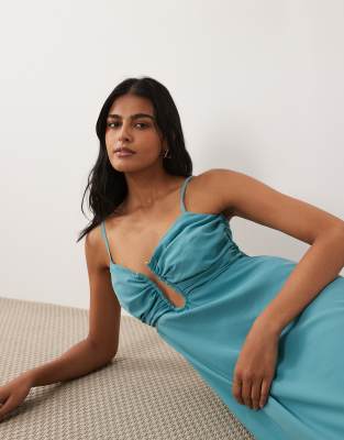 Robe longue à décolleté plongeant et découpes - Bleu aqua S
