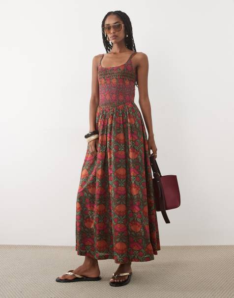 Abercrombie & Fitch - Robe longue à imprimé fleurs avec encolure dégagée et taille basse - Marron - view 1