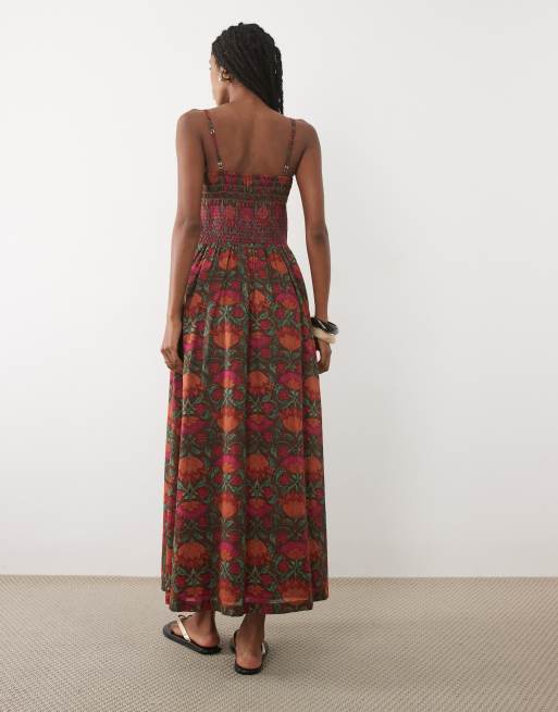 Abercrombie & Fitch - Robe longue à imprimé fleurs avec encolure dégagée et taille basse - Marron, 3 de 4