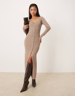 Robe longue ajustée à manches longues et col V - Beige-Neutre L