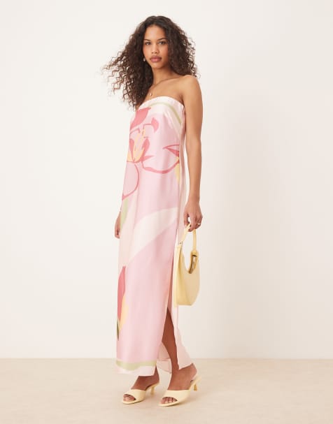 Abercrombie & Fitch - Robe longue bustier en satin à fleurs - Rose - view 1