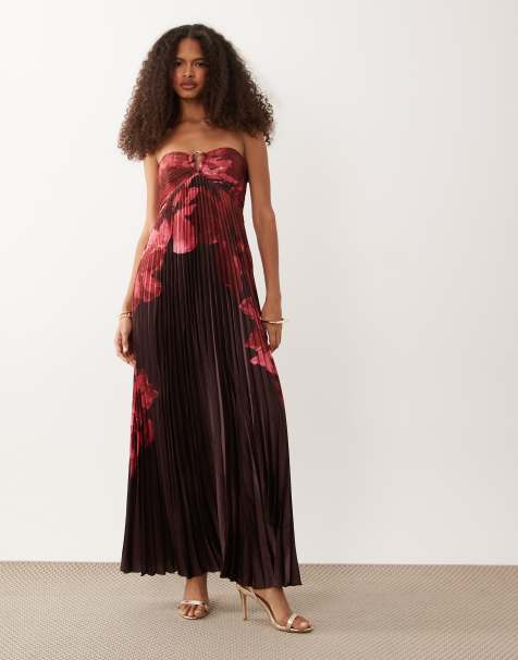 Abercrombie & Fitch - Robe longue plissée sans bretelles avec détail foulard - Rose fleuri - view 1
