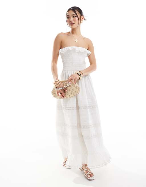 Abercrombie & Fitch - Robe longue sans bretelles avec détail en broderie anglaise - Blanc