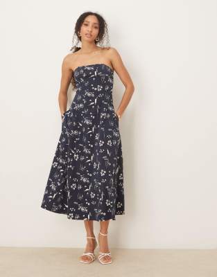 Robe mi-longue bandeau coupe évasée - Bleu fleuri-Rouge XS