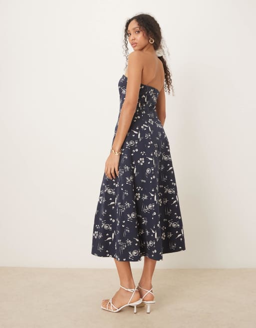 Abercrombie & Fitch - Robe mi-longue bandeau coupe évasée - Bleu fleuri, 3 de 4