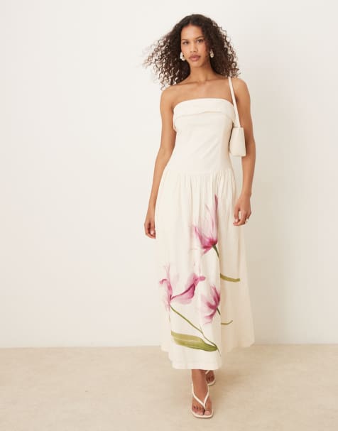 Abercrombie & Fitch - Robe mi-longue sans bretelles à fleurs avec taille tombante - Crème - view 1