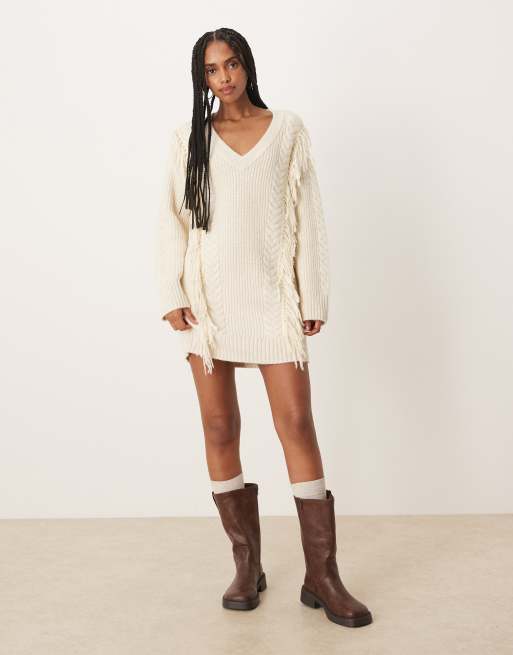 Abercrombie & Fitch - Robe pull courte à franges - Crème, 3 de 4