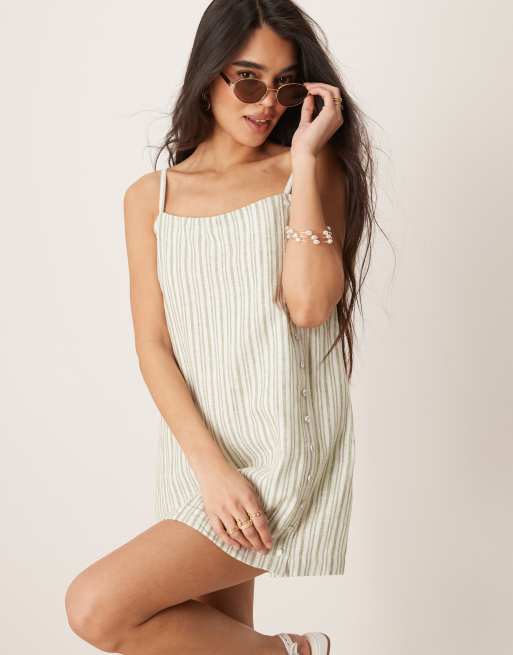 Abercrombie & Fitch - Robe short en lin rayé avec détail boutonné - Vert, 3 de 4