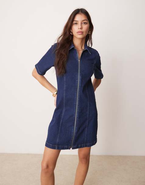 Abercrombie & Fitch - Robe trapèze patineuse courte zippée en denim - Bleu délavé - view 1