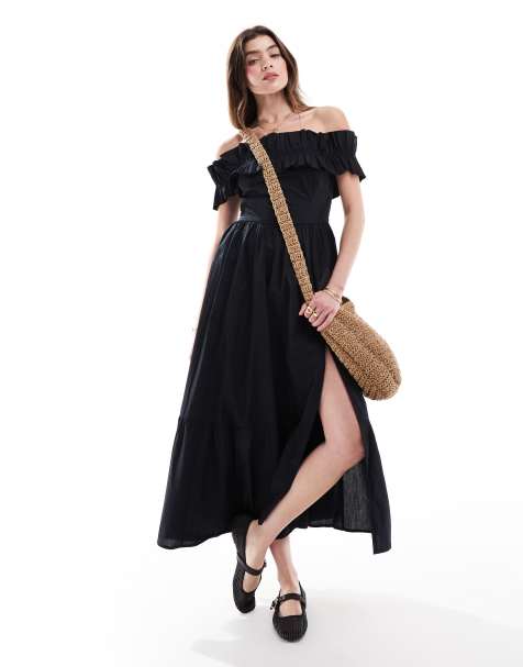 Abercrombie & Fitch - Robe volantée mi-longue à épaules dénudées - Noir - view 1