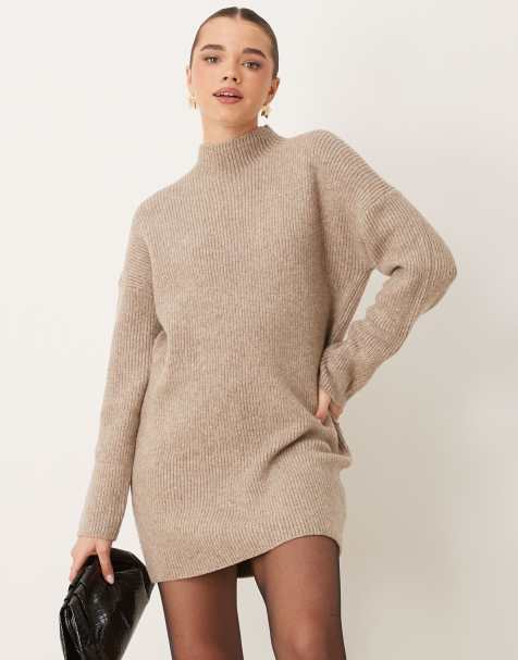 Abercrombie & Fitch roll neck knitted dress in beige - view 1