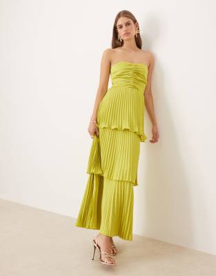 Abercrombie & Fitch Ruched Bandeau Pleated Tiered Maxi Dress In Brown