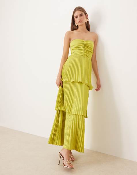 Abercrombie & Fitch ruched bandeau pleated tiered maxi dress in lime green - view 1