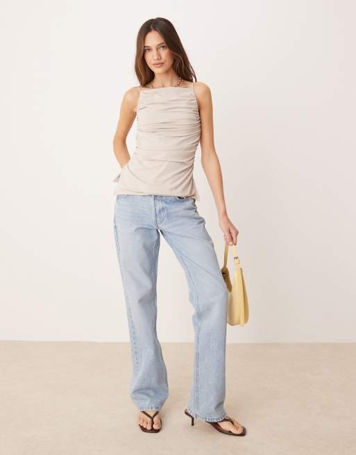 Abercrombie & Fitch ruched high square neck top in beige, 3 of 4
