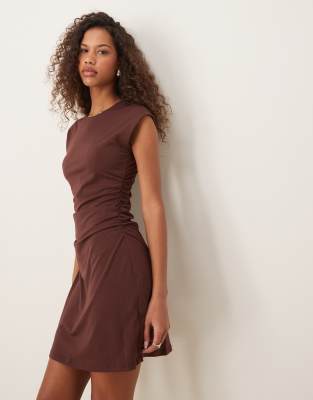 Abercrombie & Fitch ruched side sleeveless mini dress in chocolate