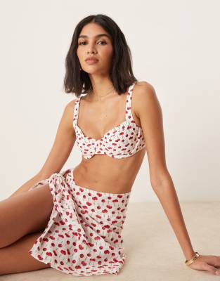Abercrombie & Fitch Abercrombie & Fitch ruched underwire bikini top co-ord in cherry print-Multi