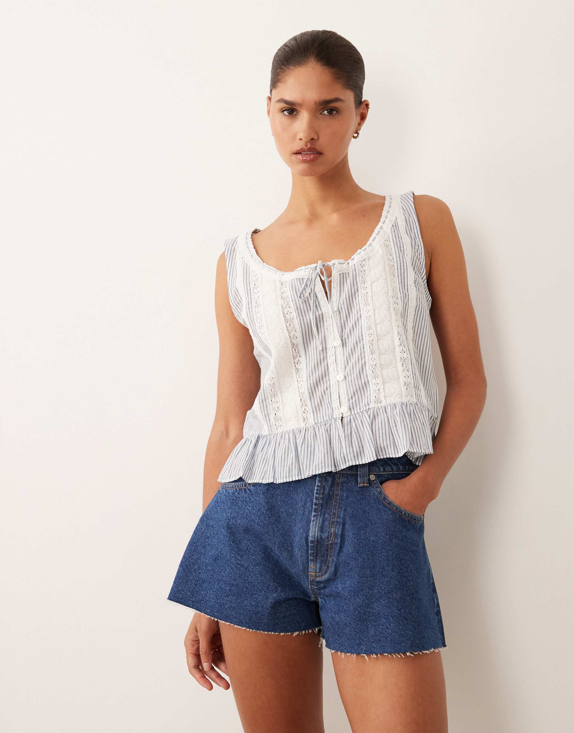 abercrombie & fitch ruffle boho sleeveless top in blue stripes