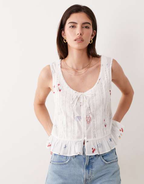 Abercrombie & Fitch ruffle boho summer print sleeveless top in cream - view 1