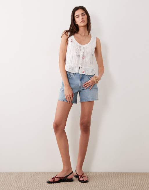 Abercrombie & Fitch ruffle boho summer print sleeveless top in cream, 2 of 4