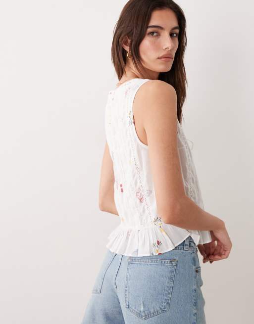 Abercrombie & Fitch ruffle boho summer print sleeveless top in cream, 3 of 4