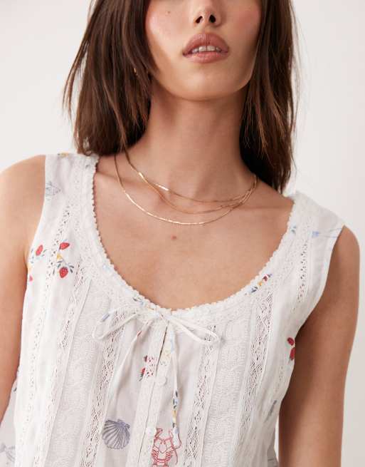 Abercrombie & Fitch ruffle boho summer print sleeveless top in cream, 4 of 4