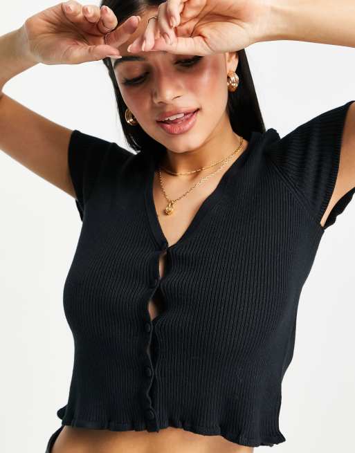 Abercrombie & Fitch ruffle hem short-sleeved cardigan in black