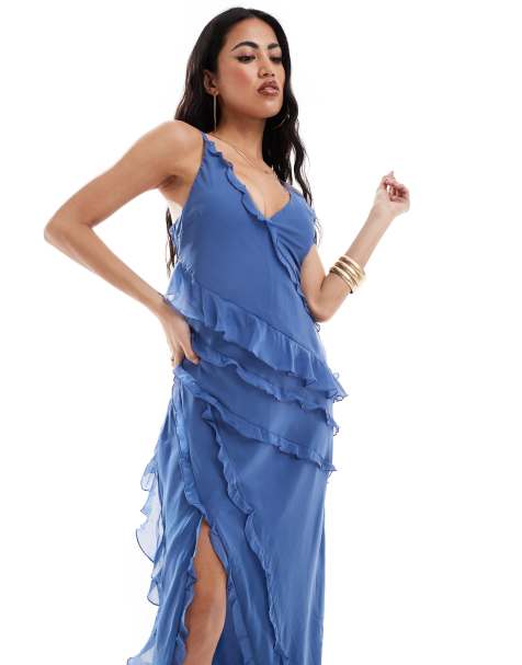 Abercrombie & Fitch ruffle maxi dress with side slit in blue - view 1