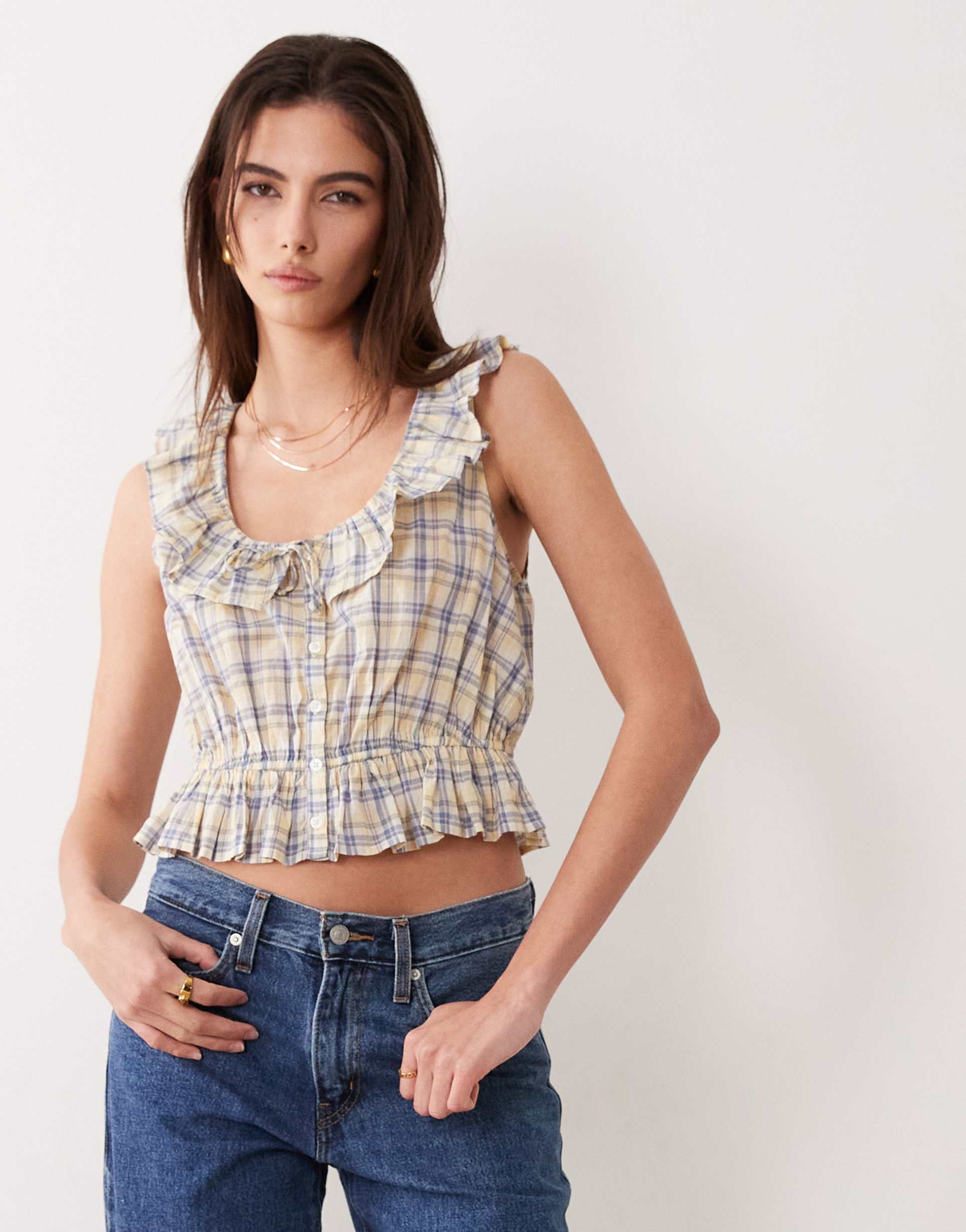 abercrombie & fitch ruffle milkmaid top in blue plaid