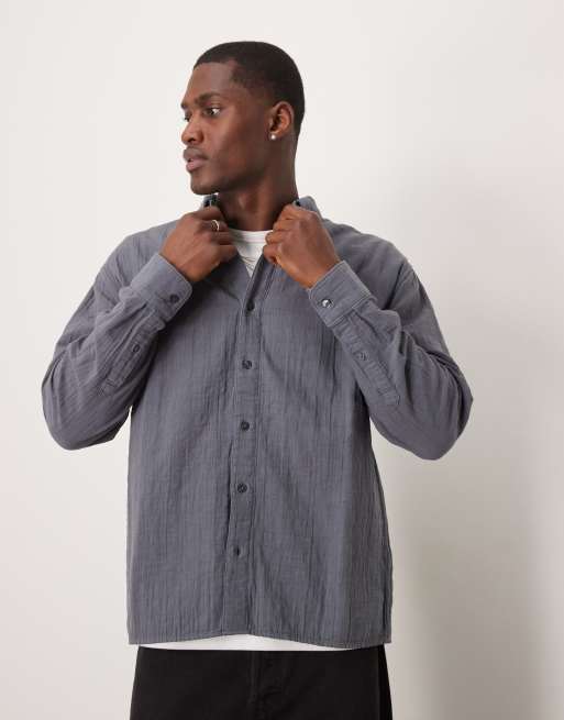 Abercrombie & Fitch - Ruimvallend overhemd met textuur en lange mouwen in marineblauw