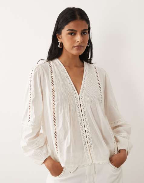 Abercrombie & Fitch rustic long sleeve blouse with embroidery detail in cream - view 1