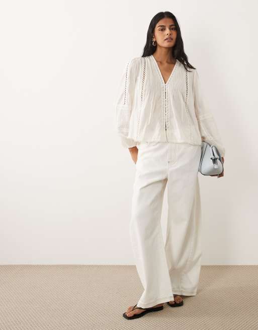 Abercrombie & Fitch – Rustikale, langärmlige Bluse in Cremeweiß mit Stickerei, 2 von 4