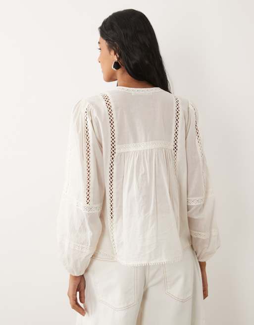 Abercrombie & Fitch – Rustikale, langärmlige Bluse in Cremeweiß mit Stickerei, 4 von 4
