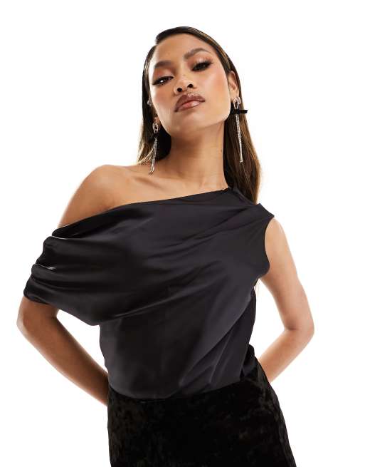 Abercrombie & Fitch satin asymmetric top in black