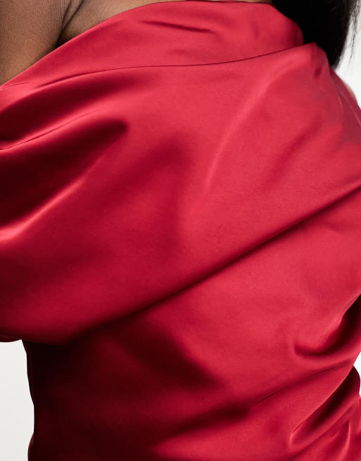 Abercrombie & Fitch satin aysmmetric draped top in red, 3 of 4