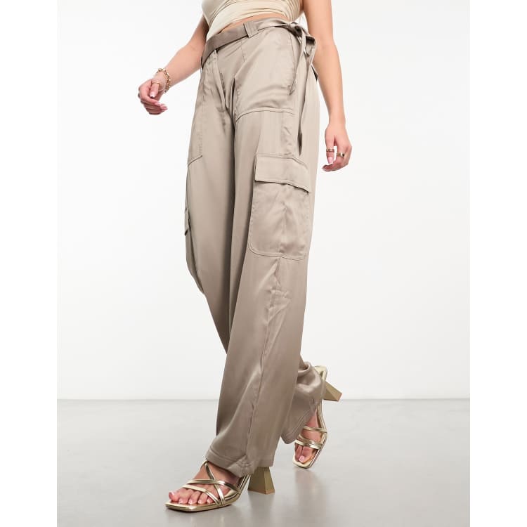 Abercrombie & Fitch satin belted cargo trouser in beige