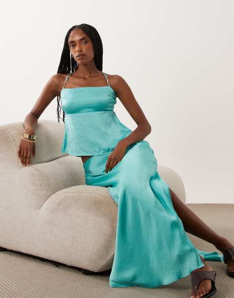 Abercrombie & Fitch satin bias maxi skirt in turquoise - part of a set - view 1