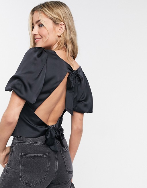 Abercrombie & Fitch satin bow back blouse in black