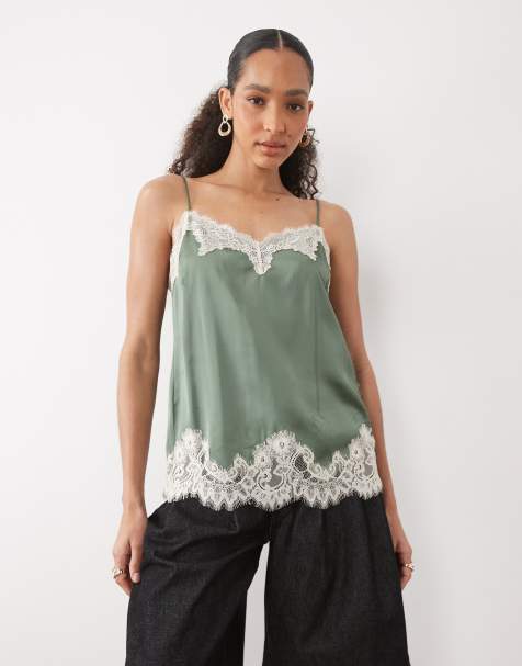 Abercrombie & Fitch satin cami top with lace detailing in sage green - view 1