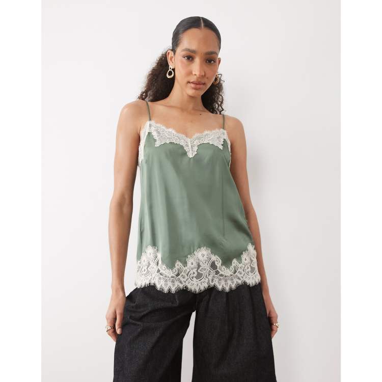 Abercrombie & Fitch satin cami top with lace detailing in sage