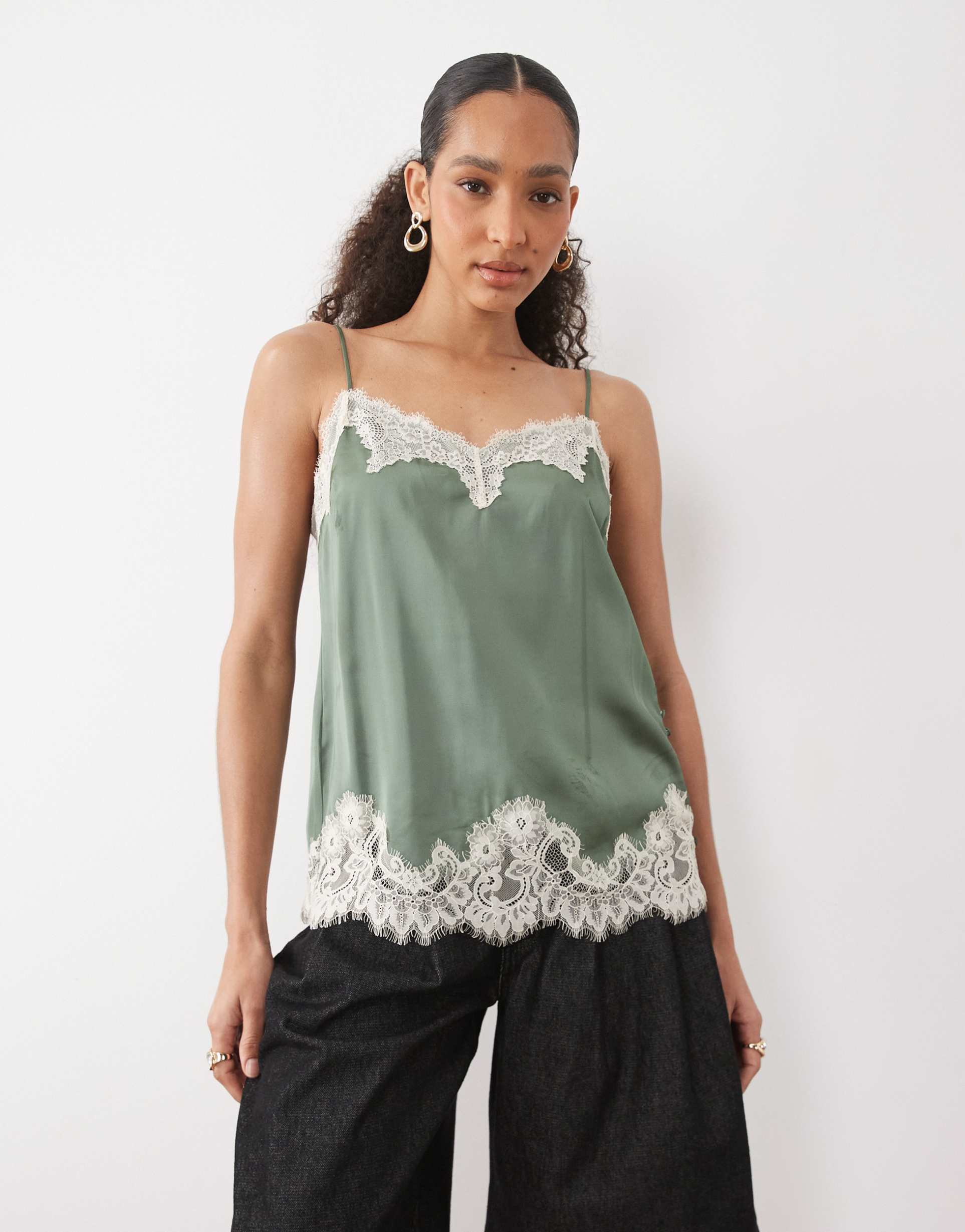 abercrombie & fitch satin cami top with lace detailing in sage green