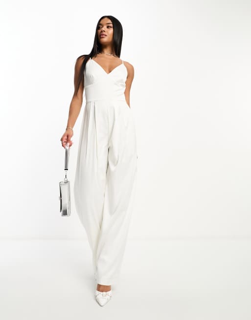 Abercrombie & Fitch – Satin-Jumpsuit in Weiß mit V-Ausschnitt