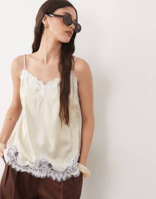 Abercrombie & Fitch satin lace detail cami top in cream-White
