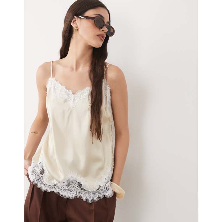 Abercrombie & Fitch satin lace detail cami top in cream | ASOS