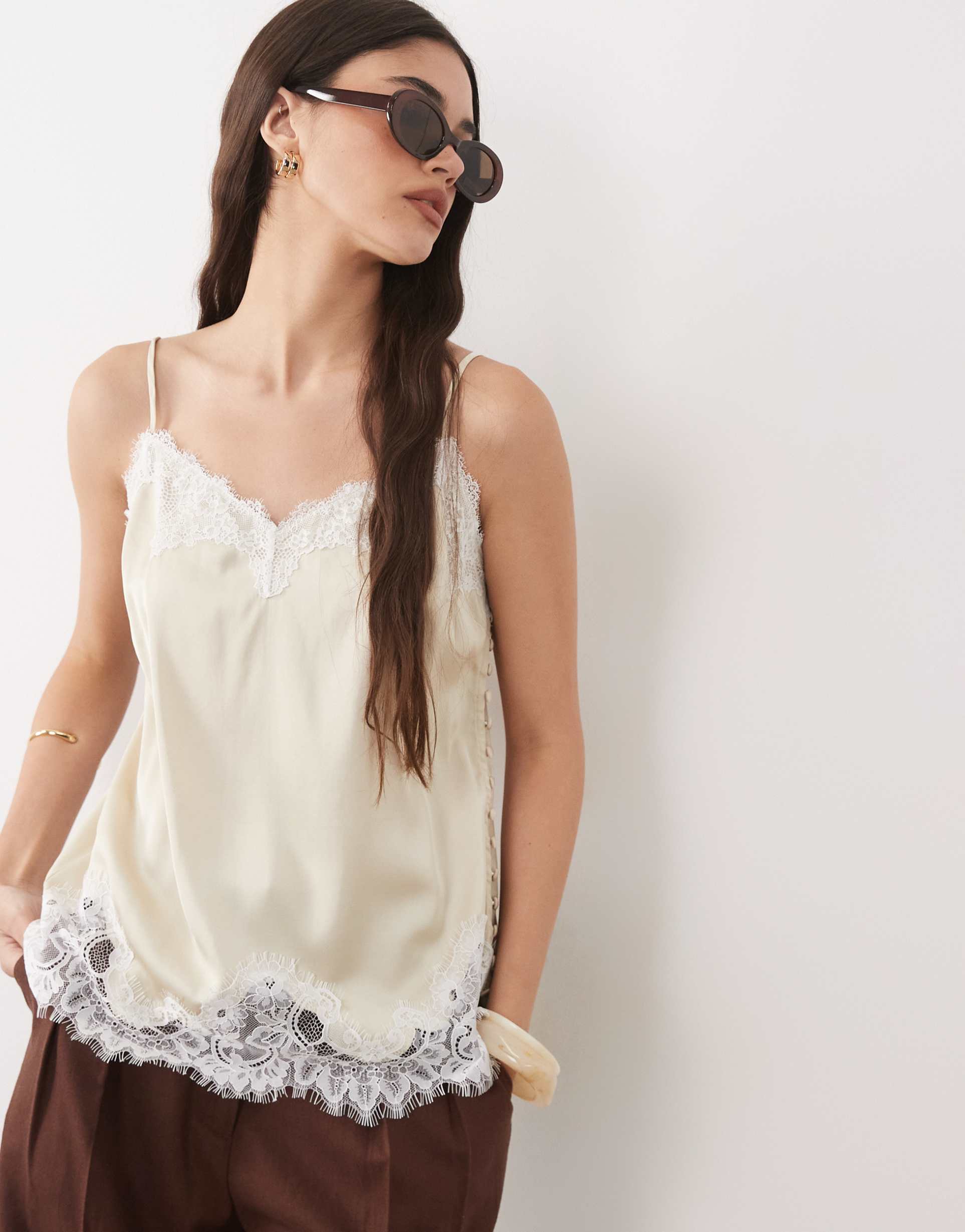 abercrombie & fitch satin lace detail cami top in cream