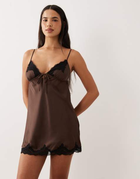 Abercrombie & Fitch satin lace trim nightie in brown - view 1
