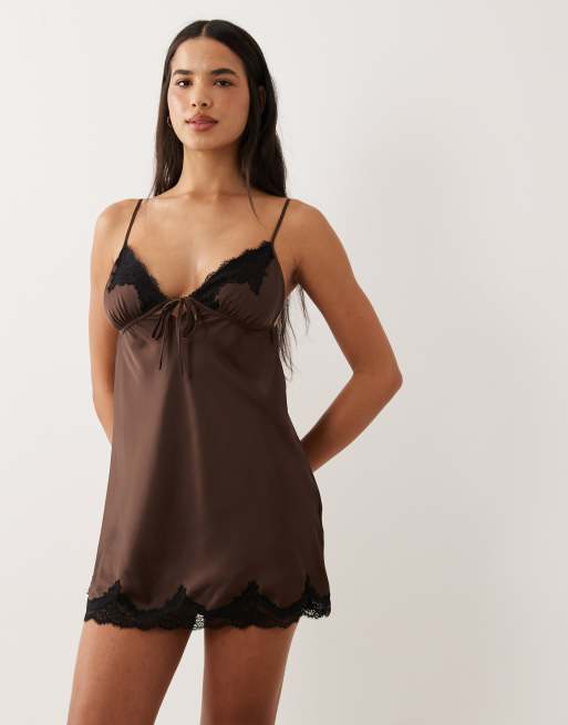 Abercrombie & Fitch ブラウンキャミソール XS Abercrombie & Fitch satin lace trim nightie in brown | ASOS