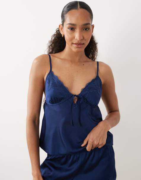 Abercrombie & Fitch satin lace trim pajama cami in navy - part of a set - view 1