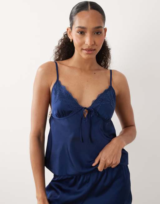 Abercrombie & Fitch satin lace trim pajama cami in navy - part of a set |  ASOS